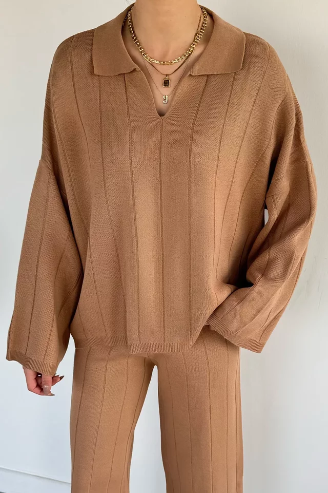 Polo Yaka Bluz Pantolon Triko İkili Takım