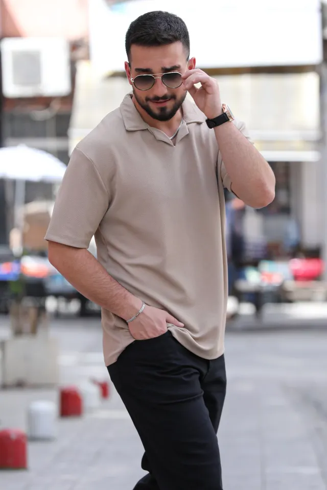 Polo Yaka Likralı Basic Erkek Tişört Bej