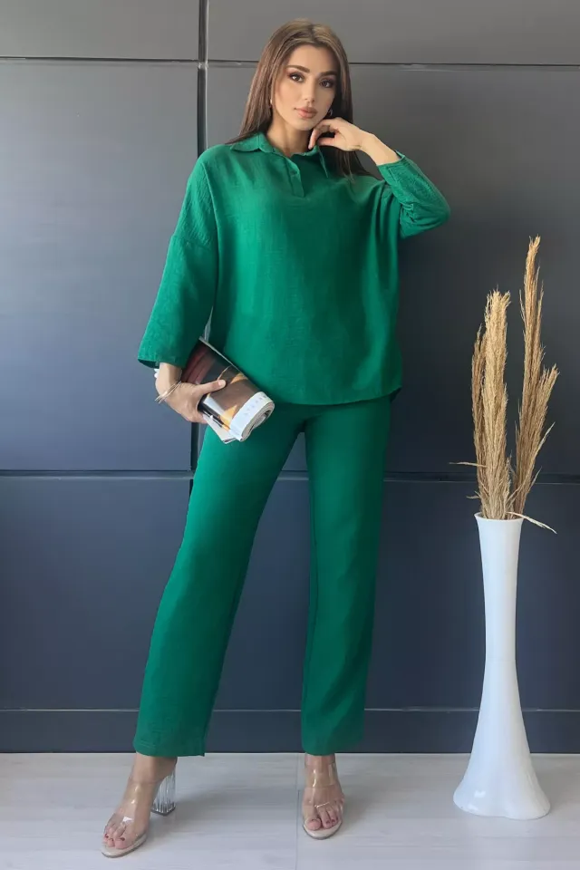 Polo Yaka Salaş Tunik Pantolon İkili Takım Zümrüt Yeşili