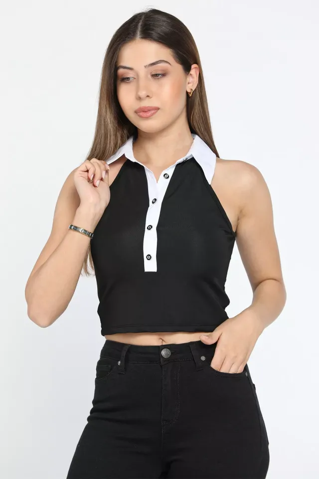 Polo Yaka Yarım Düğmeli Kadın Likralı Kolsuz Crop Top Bluz Siyah