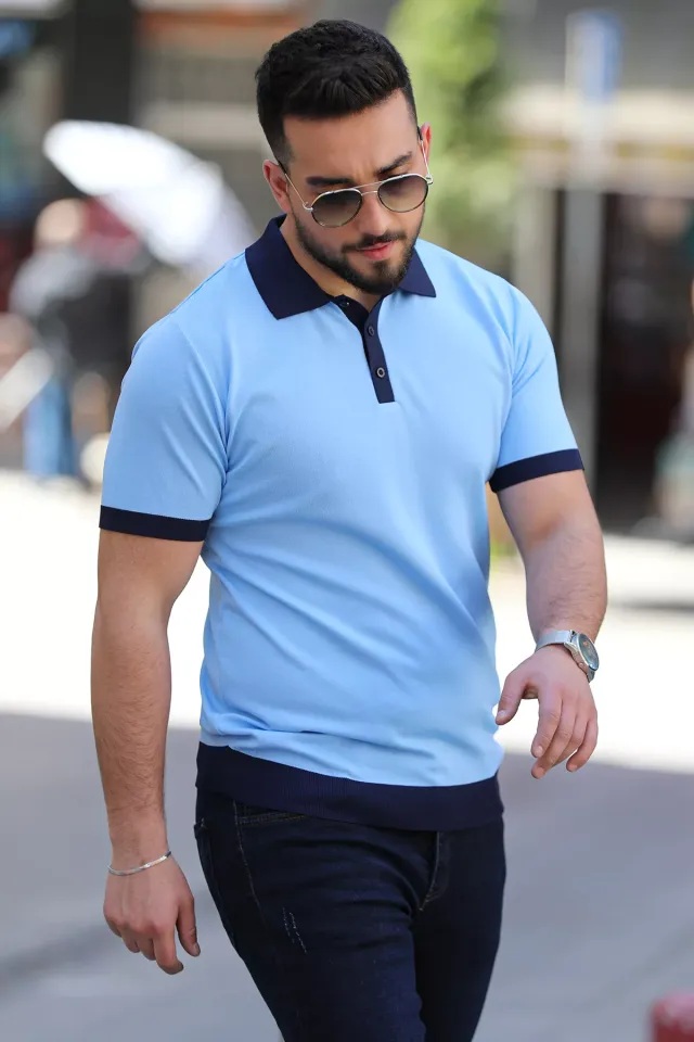 Polo Yaka Yarım Düğmeli Likralı Erkek Tişört Mavi