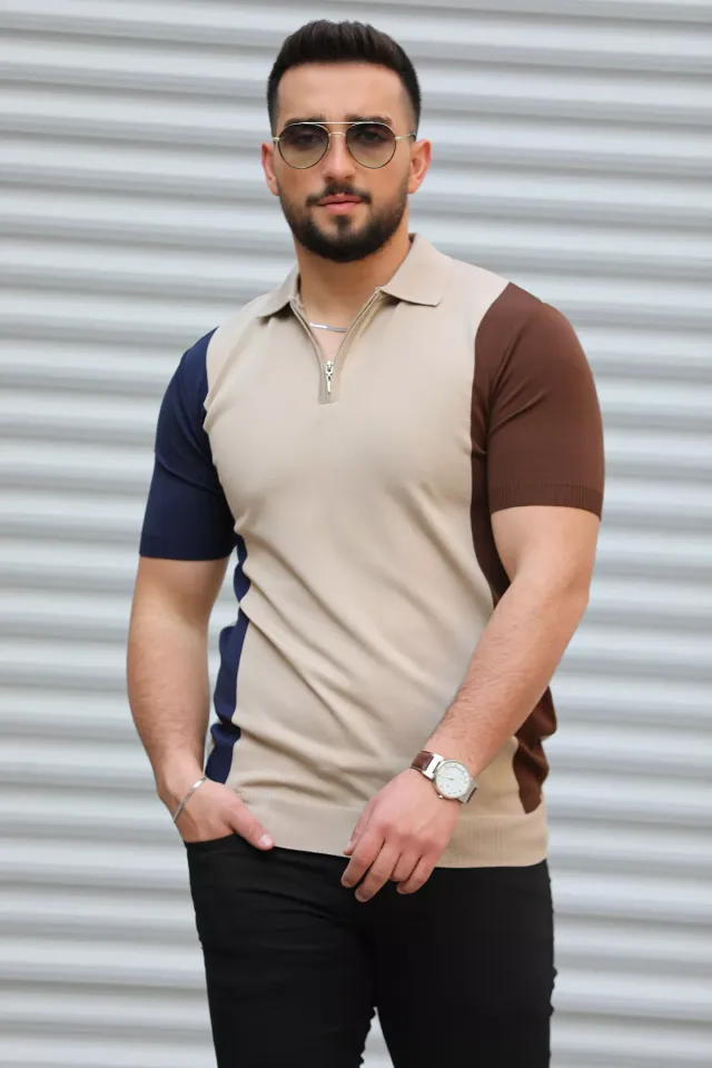 Polo Yaka Yarım Fermuarlı Renk Bloklu Erkek Likralı Tişört Bej