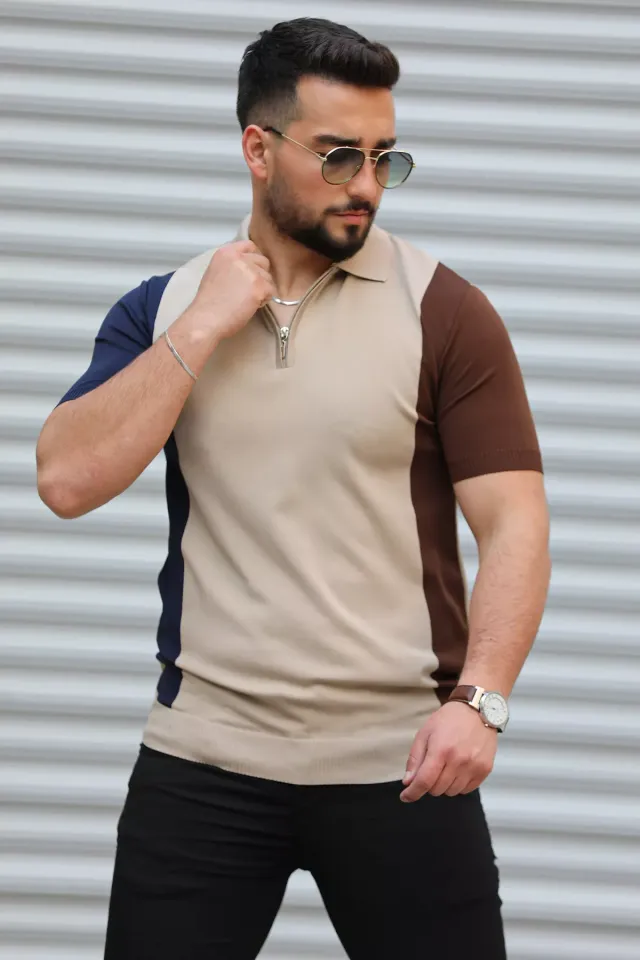 Polo Yaka Yarım Fermuarlı Renk Bloklu Erkek Likralı Tişört Bej