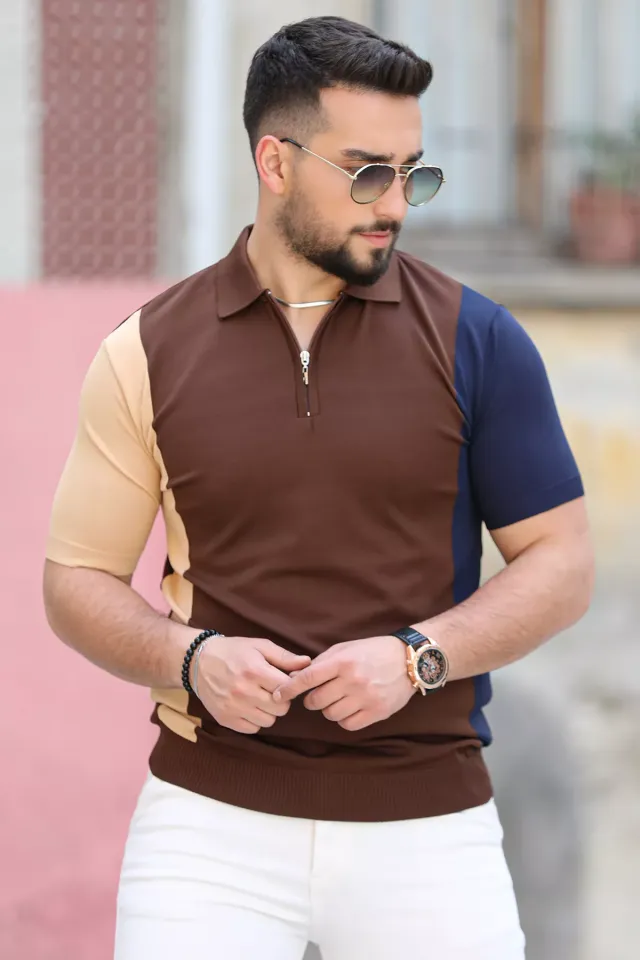 Polo Yaka Yarım Fermuarlı Renk Bloklu Erkek Likralı Tişört Kahve