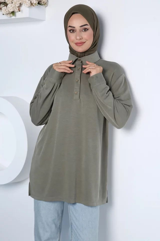 Polo Yaka Zarif Tesettür Sweat Tunik - 1