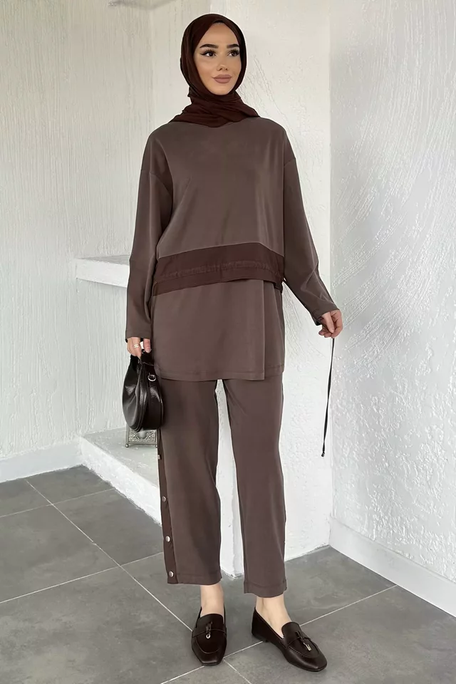 Puane Bel Bağlamalı Tunik Bel Lastikli Pantolon Tesettür İkili Takım - 1
