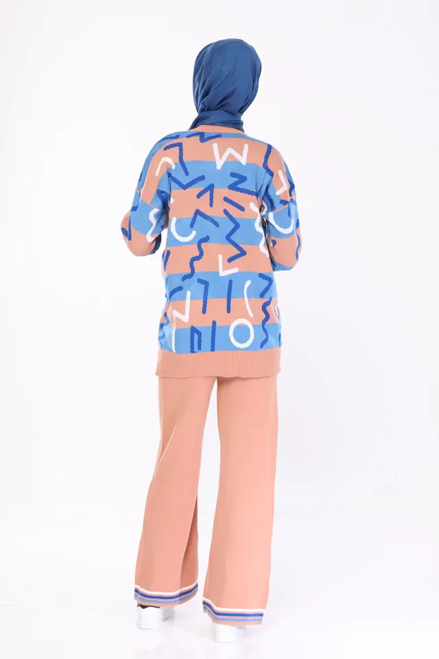 Kadın Tesettür Desenli Triko Kazak Pantolon İkili Takım Pudra