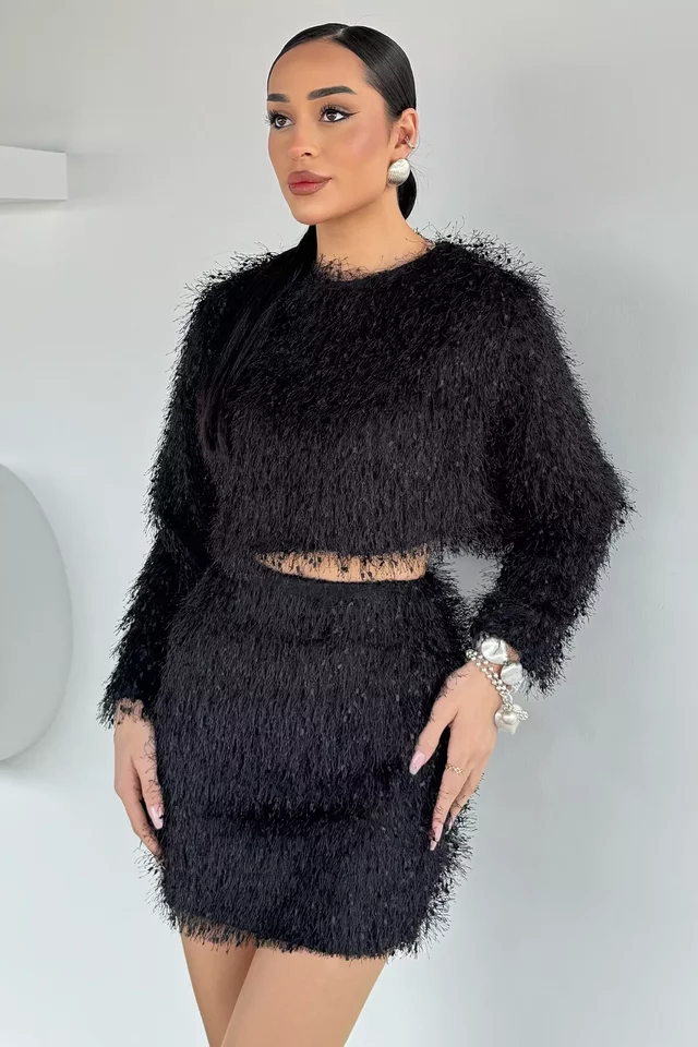 Püsküllü Crop Top Bluz Etek İkili Takım - 1