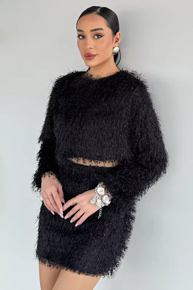 Püsküllü Crop Top Bluz Etek İkili Takım