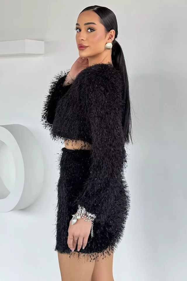 Püsküllü Crop Top Bluz Etek İkili Takım
