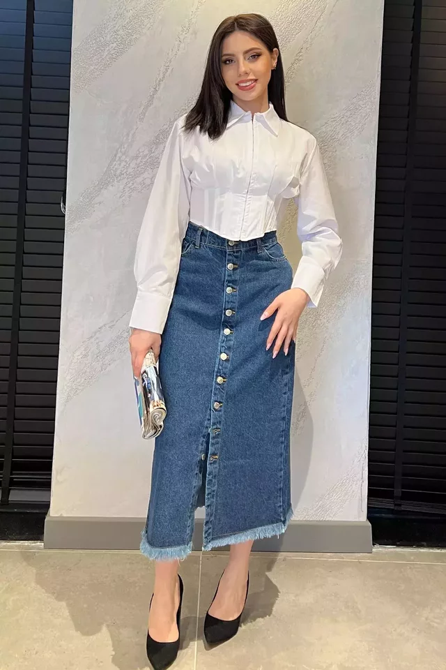 Püsküllü Düğme Detaylı Jean Kot Etek - 2