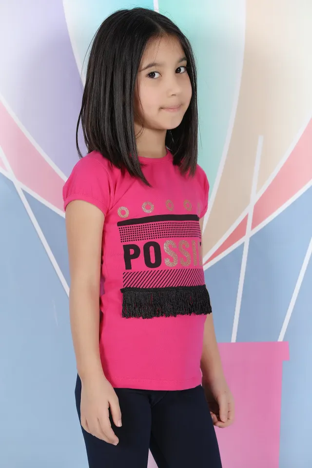 Püsküllü Simli Kız Çocuk T-shirt Fuşya