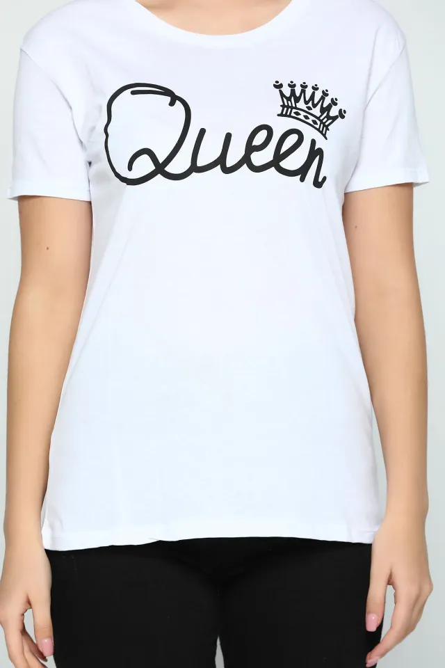 Queen Baskılı Sevgili Kombin Bayan T-shirt Beyaz