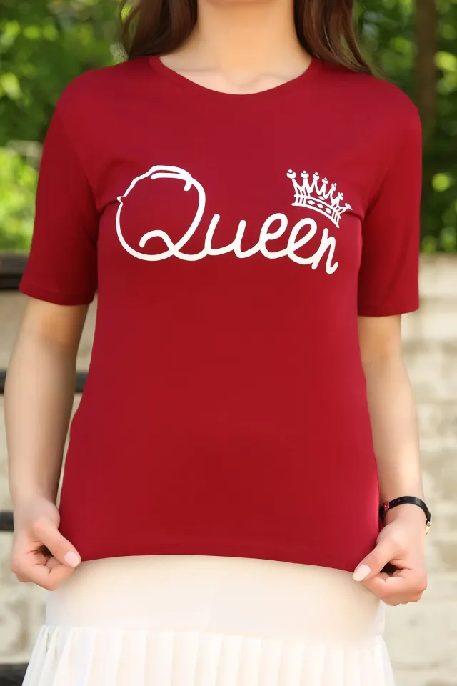 Queen Baskılı Sevgili Kombin Bayan T-shirt Bordo