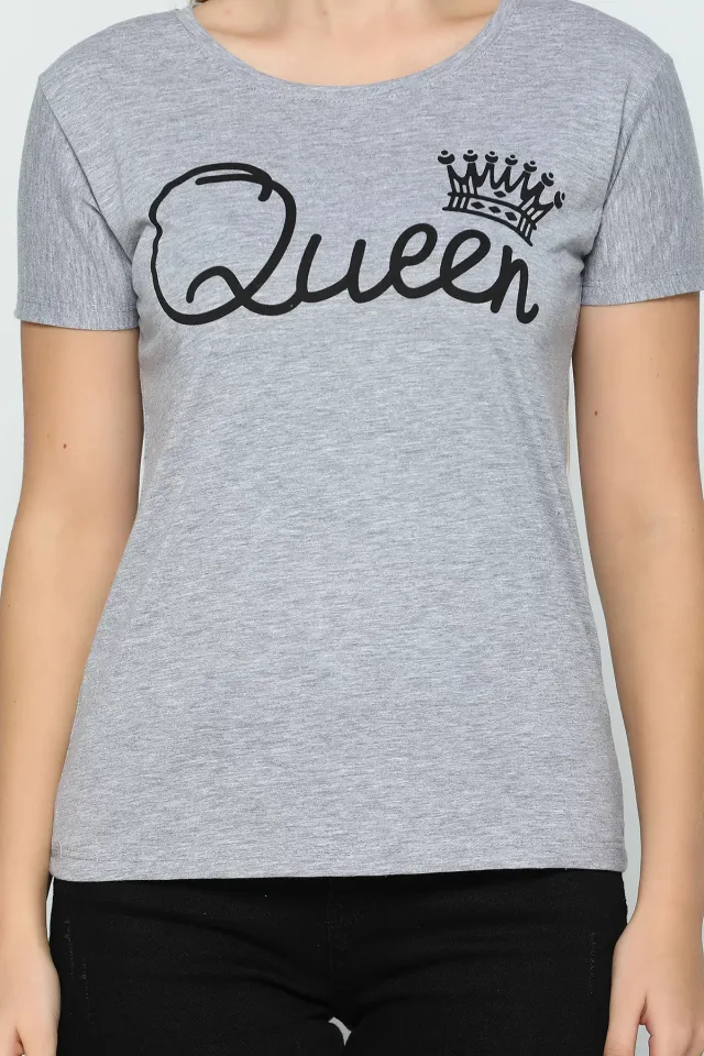 Queen Baskılı Sevgili Kombin Bayan T-shirt Gri
