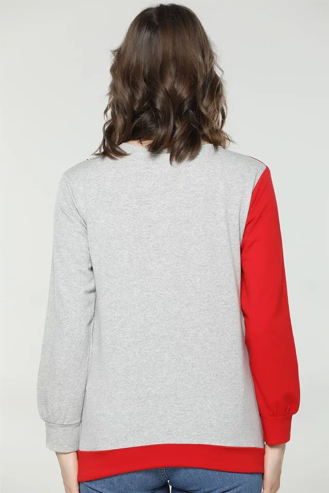 Renk Bloklu Pullu Sweatshirt Grikırmızılı