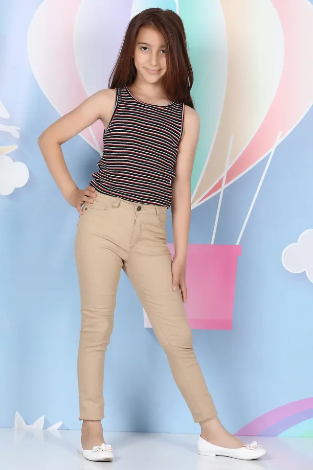 Renkli Power Dar Paça Kız Çocuk Pantolon Bej