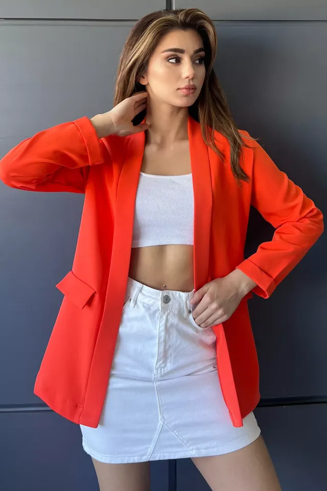 Sahte Cep Detaylı Duble Kol Kadın Ceket Orange