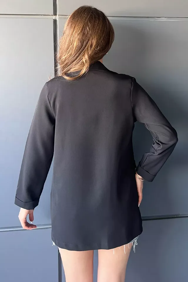 Sahte Cep Detaylı Duble Kol Kadın Ceket Siyah