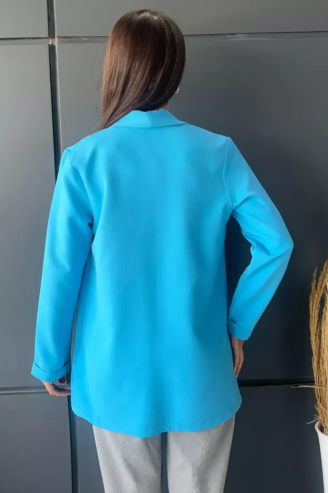 Sahte Cepli Yakalı Blazer Ceket Mavi