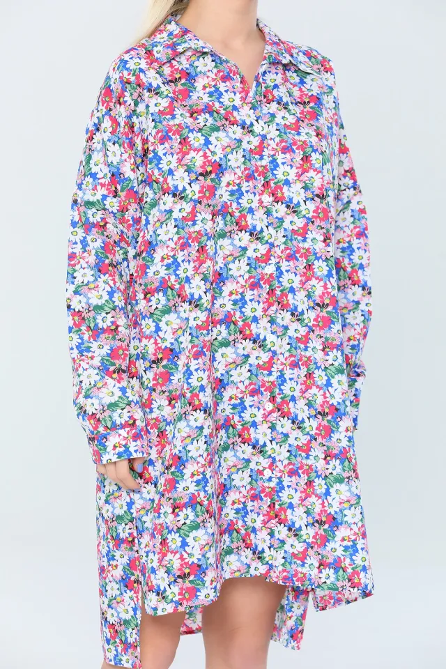 Kadın Retro Çiçek Baskılı Gömlek Tunik Saksmavisi Fuşya