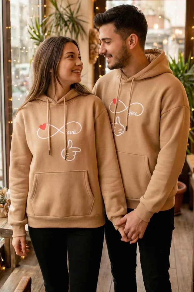 Şardonlu Kapüşonlu Baskılı Sevgili Kombini İkili Sweatshirt (s-m-l Beden Uyumludur.) - 1