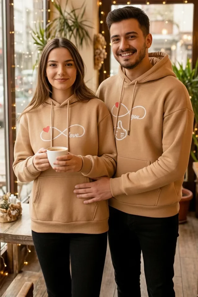 Şardonlu Kapüşonlu Baskılı Sevgili Kombini İkili Sweatshirt (s-m-l Beden Uyumludur.) - 2