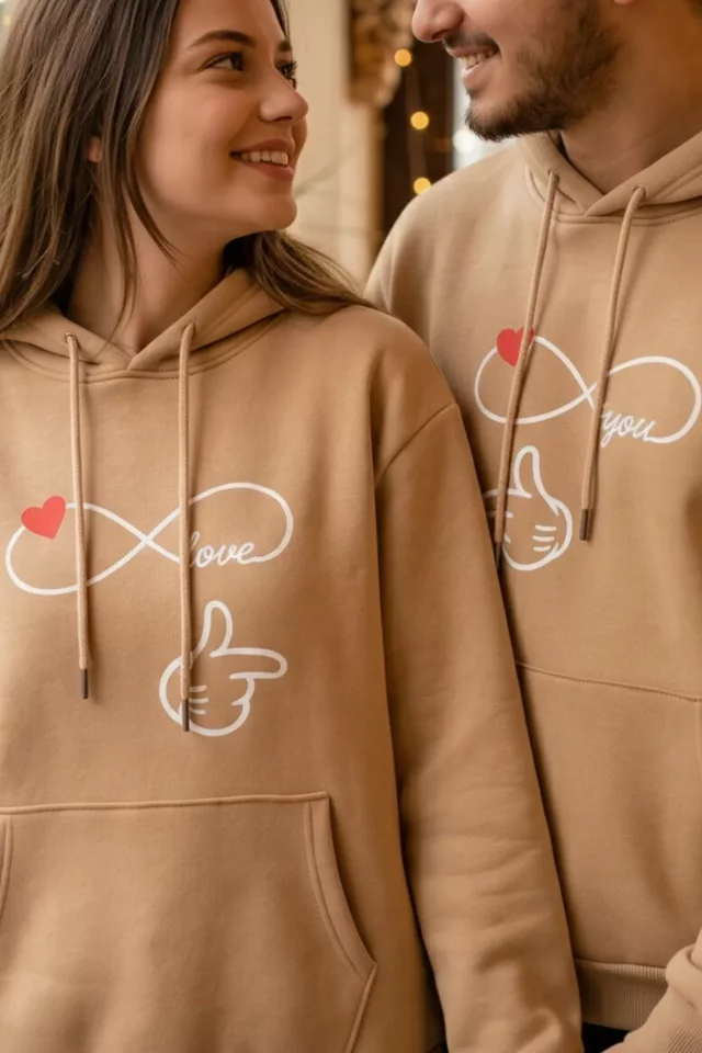 Şardonlu Kapüşonlu Baskılı Sevgili Kombini İkili Sweatshirt (s-m-l Beden Uyumludur.)