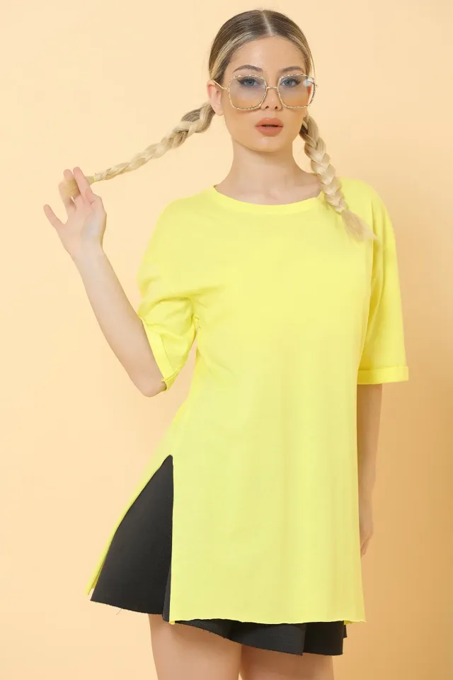 Kadın Bisiklet Yaka Yan Yırtmaçlı Uzun Basic T-shirt Sarı