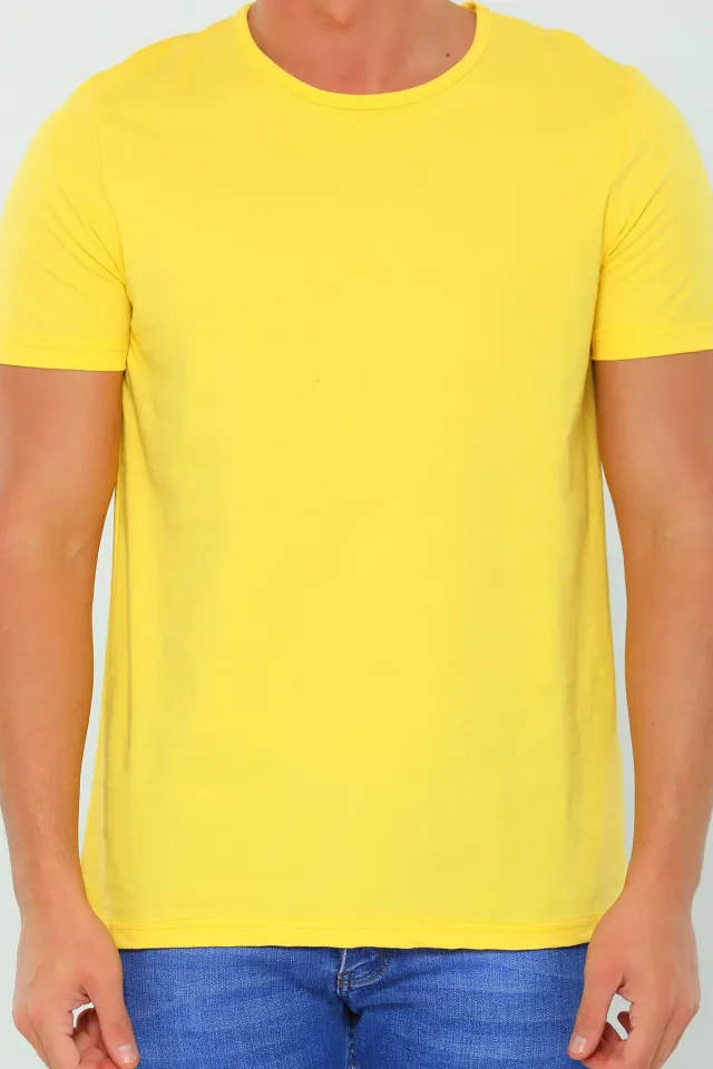Erkek Likralı Bisiklet Yaka Basic T-shirt Sarı