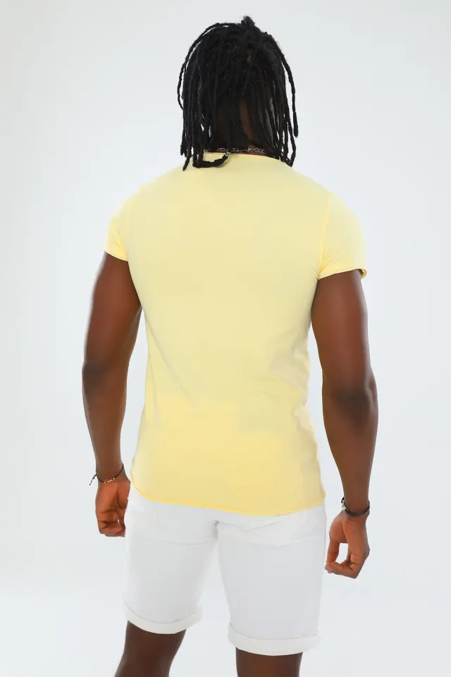 Erkek Likralı V Yaka Slim Fit Basic Body T-shirt Sarı