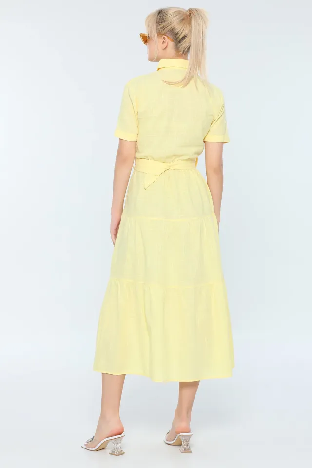Kadın Gömlek Yaka Kısa Kollu Keten Yazlık Elbise Sarı