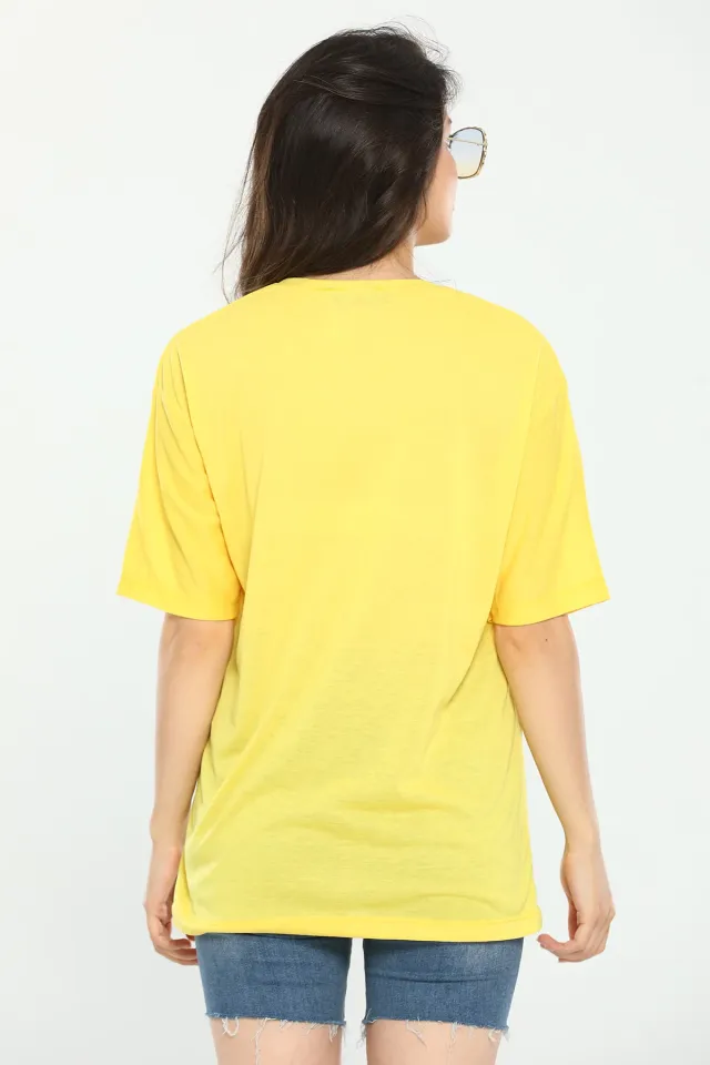 Kadın Likralı Bisiklet Yaka Baskılı T-shirt Sarı