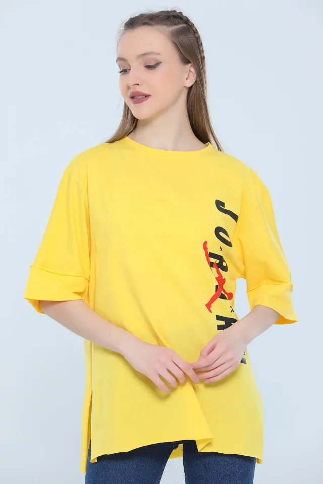 Kadın Likralı Bisiklet Yaka Duble Kol Yırtmaçlı Baskılı Salaş T-shirt Sarı
