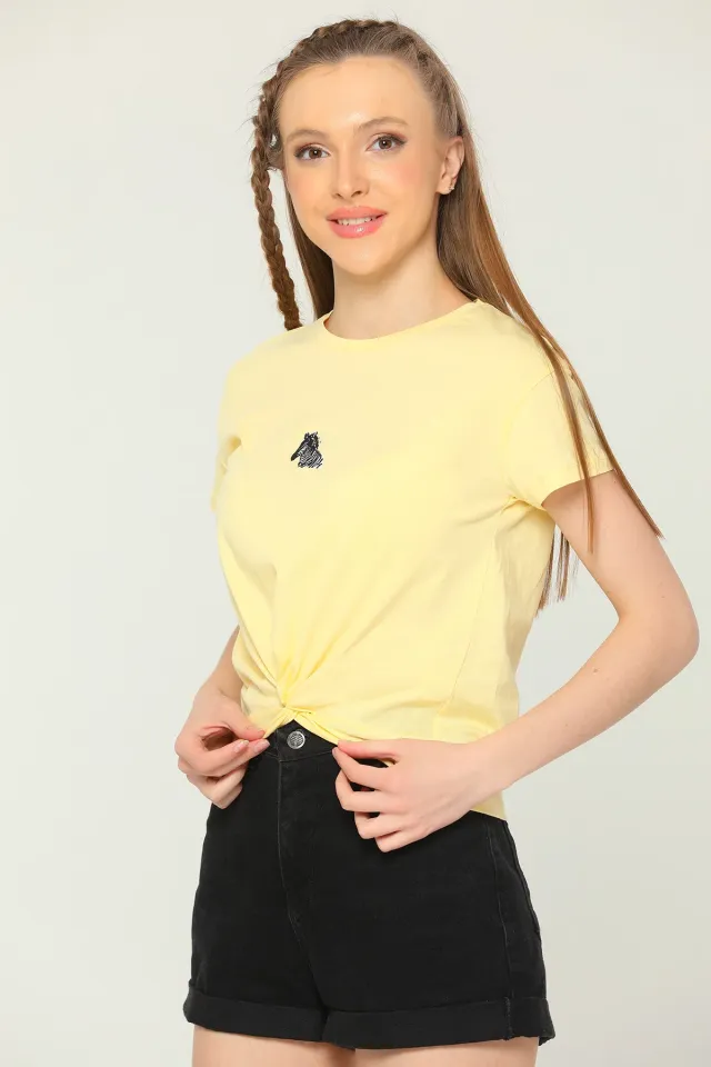 Kadın Likralı Bisiklet Yaka Kendinden Bel Bağlı T-shirt Sarı