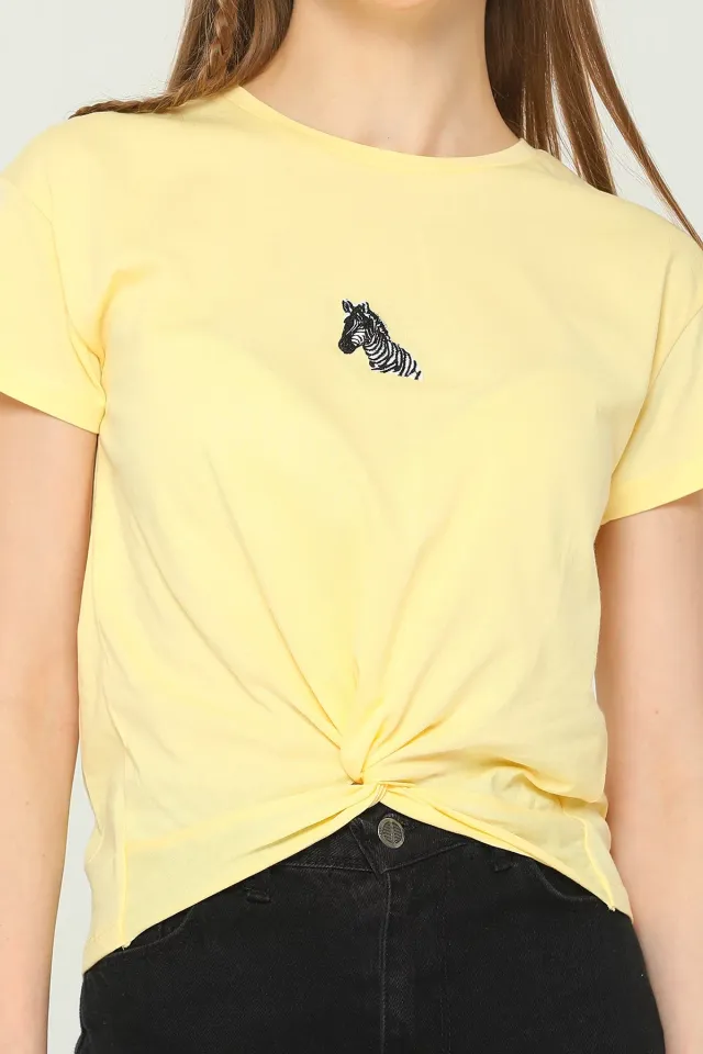 Kadın Likralı Bisiklet Yaka Kendinden Bel Bağlı T-shirt Sarı