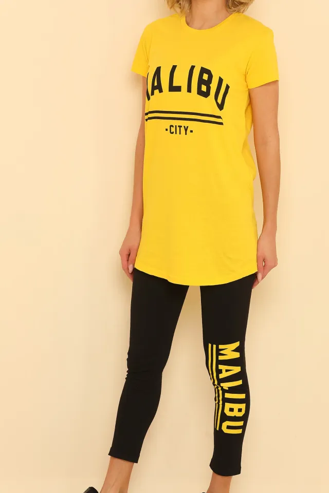 Kadın Likralı Bisiklet Yaka Uzun T-shirt Tayt İkili Takım Sarı