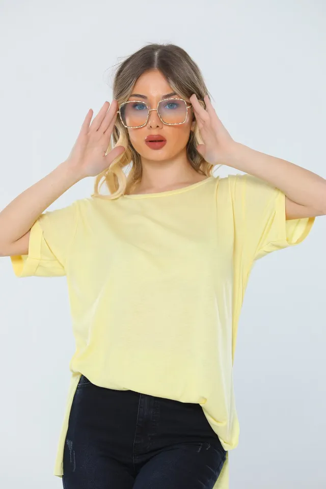 Kadın Likralı Bisiklet Yaka Yırtmaçlı Basic T-shirt Sarı