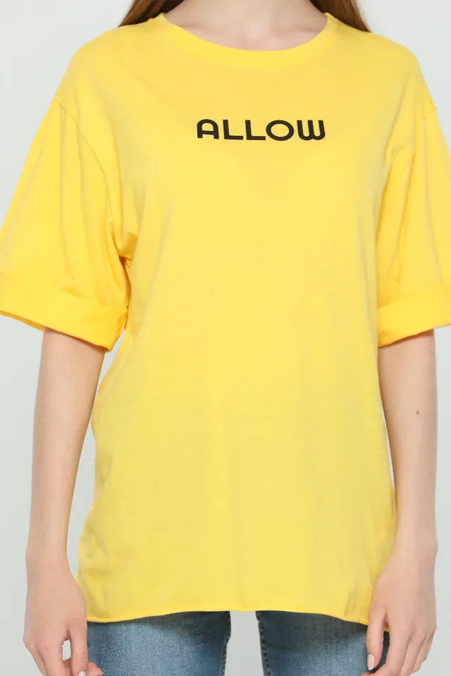 Kadın Likralı Kol Katlamalı Uzun T-shirt Sarı