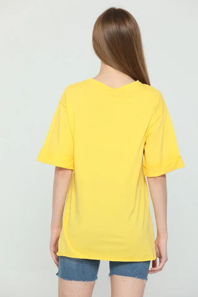 Kadın Likralı Kol Katlamalı Uzun T-shirt Sarı