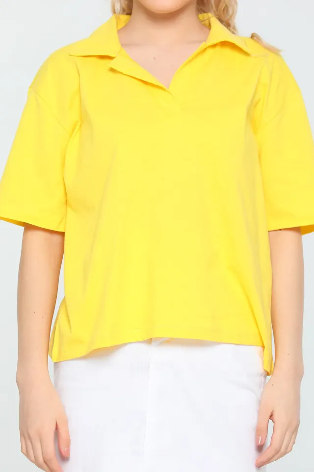 Kadın Likralı Polo Yaka Salaş Bluz Sarı