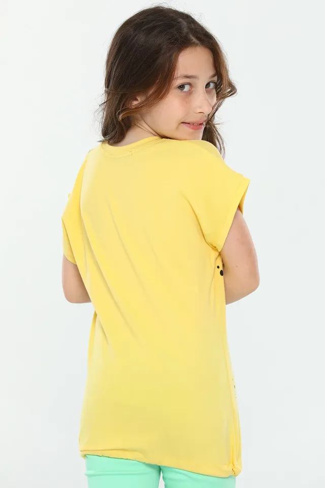 Kız Çocuk Likralı Bisiklet Yaka Bel Detaylı Baskılı T-shirt Sarı