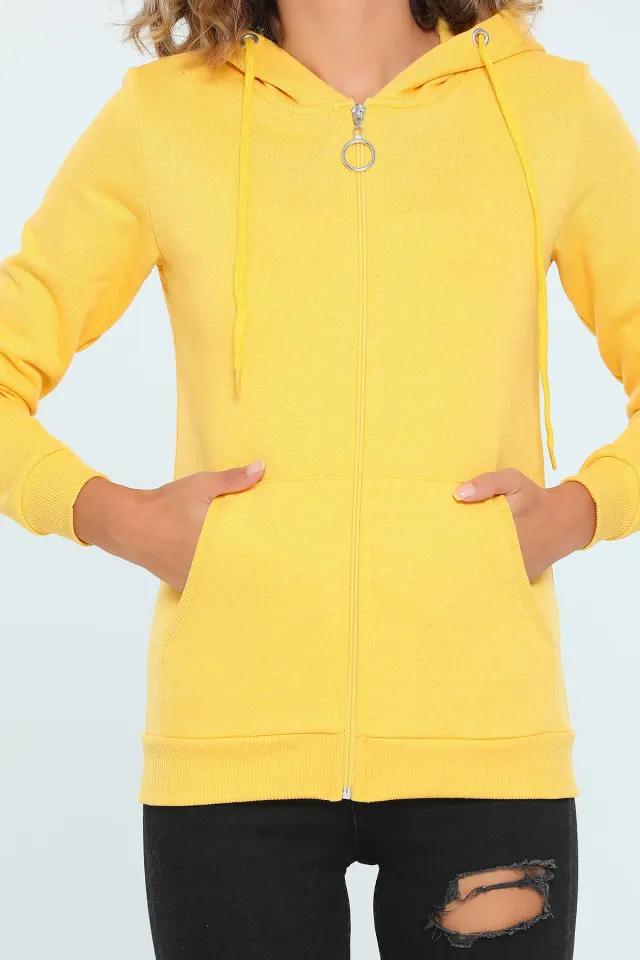 Kadın Kapüşonlu Fermuarlı Slim Fit Basic Sweatshirt Sarı