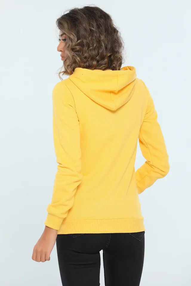 Kadın Kapüşonlu Fermuarlı Slim Fit Basic Sweatshirt Sarı