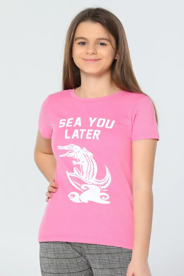 Kız Çocuk Likralı Baskılı T-shirt Pembe