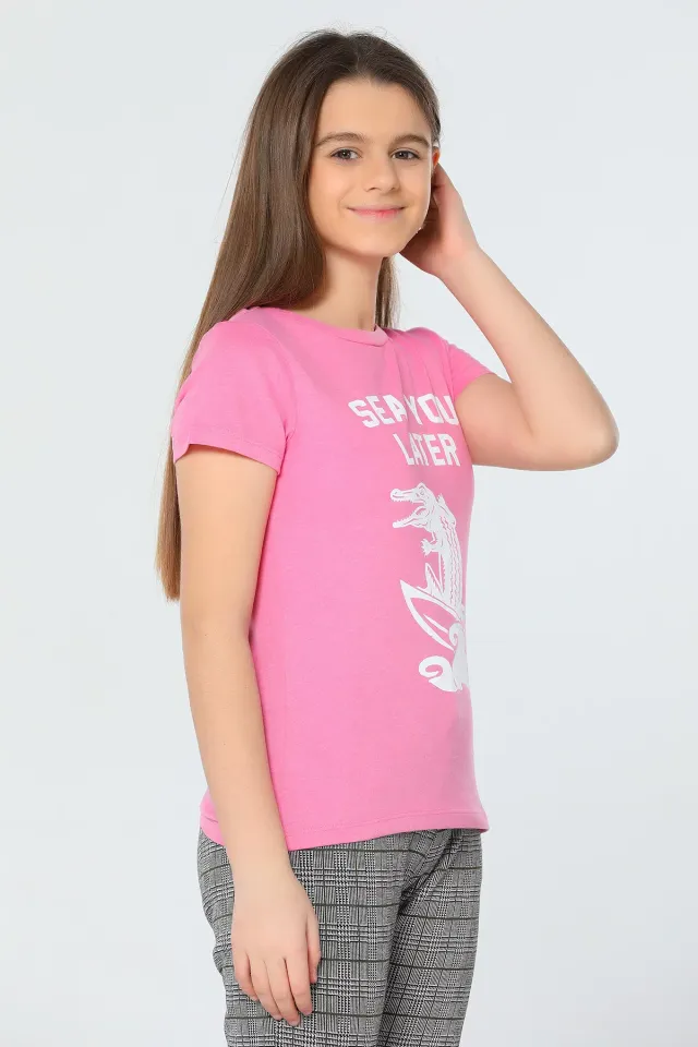 Kız Çocuk Likralı Baskılı T-shirt Pembe