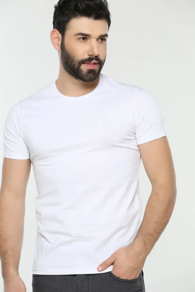 Sıfır Yaka Bay Slim Fit T-shirt Beyaz