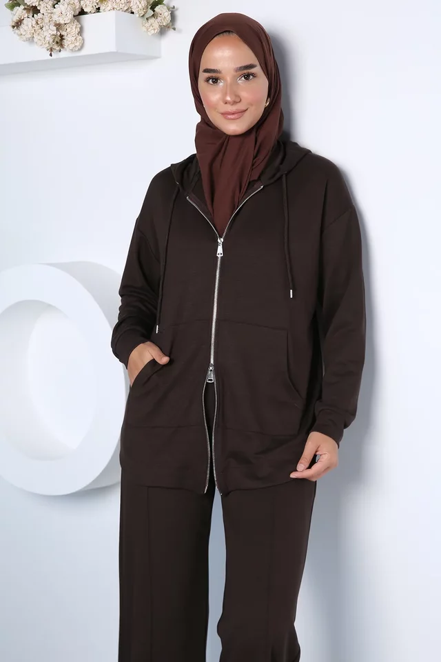 Şık Enerji Fermuarlı Sweat Pantolon Tesettür İkili Takım