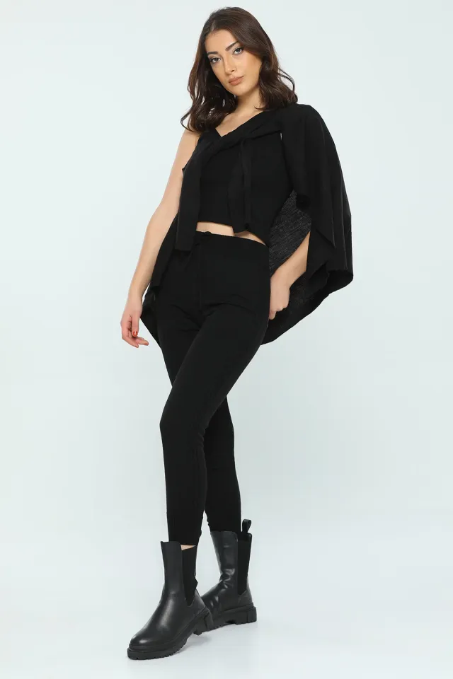 Kadın Likralı Pantolon Hırka Bluz Kombinli Üçlü Triko Takım Siyah