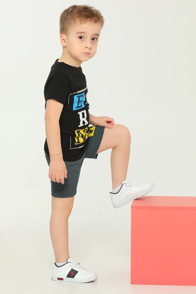 Erkek Çocuk Bisiklet Yaka Baskılı T-shirt Şort İkili Takım Siyah
